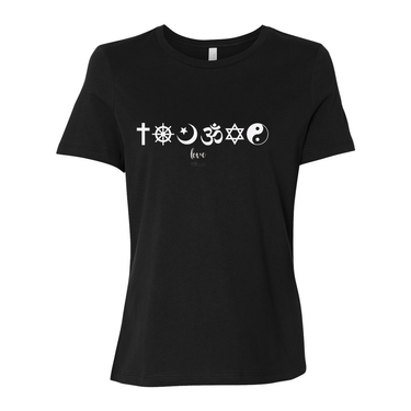 One Love Women's Tee with religious symbols from Christianity, Islam, and Judaism, promoting peace, love, and religious harmony. 100% cotton relaxed fit shirt in black.